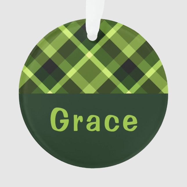 Pea Green Plaid Monogram Circle Acrylic Ornament  (Front)