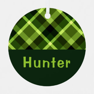 Pea Green Plaid Monogram Circle Metal Ornament