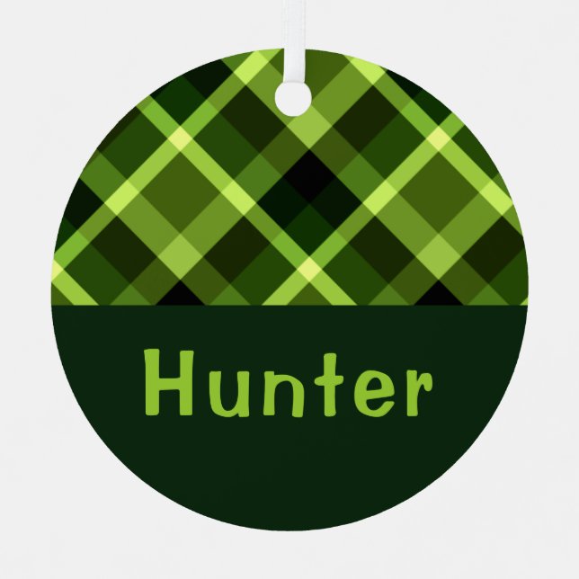 Pea Green Plaid Monogram Circle Metal Ornament (Front)