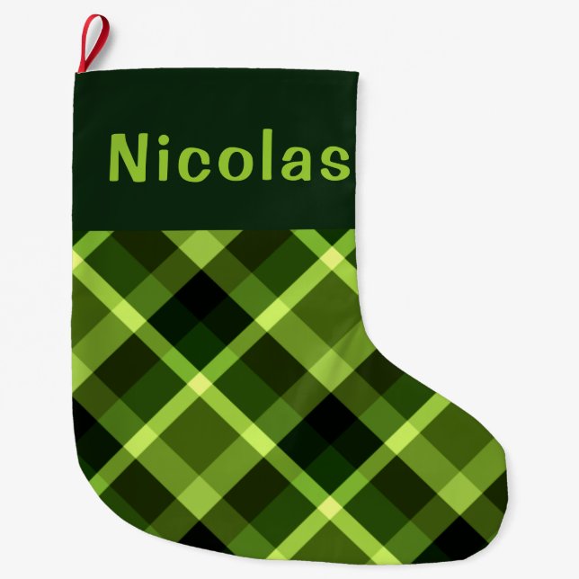 Pea Green Plaid Monogram Large Christmas Stocking (Front)
