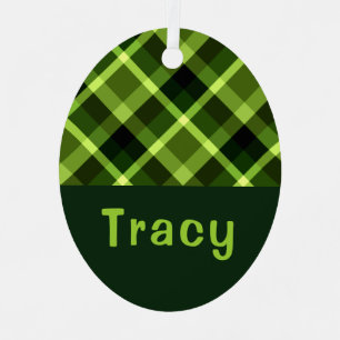 Pea Green Plaid Monogram Oval Metal Ornament