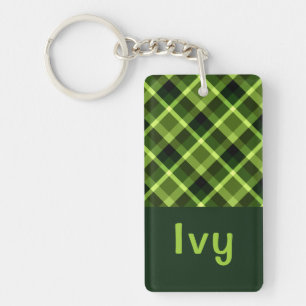 Pea Green Plaid Monogram Rectangle Keychain