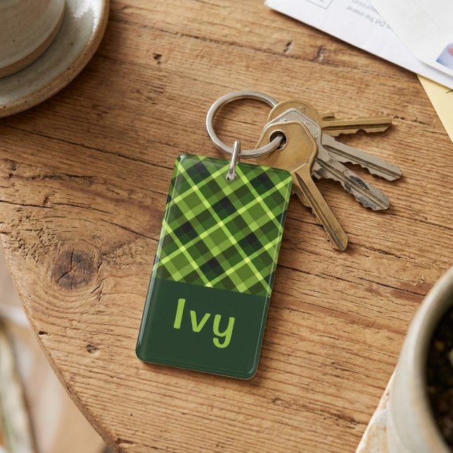 Pea Green Plaid Monogram Rectangle Keychain (Pea Green Plaid Monogram Rectangle Keychain)