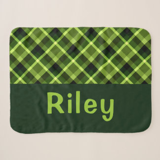 Pea Green Plaid Monogram Small Sherpa Blanket