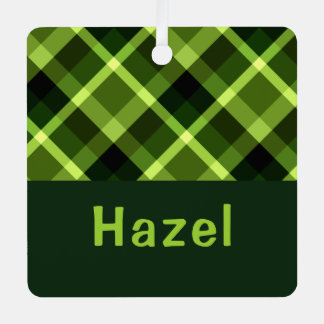 Pea Green Plaid Monogram Square Metal Ornament