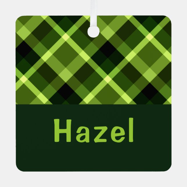 Pea Green Plaid Monogram Square Metal Ornament  (Front)