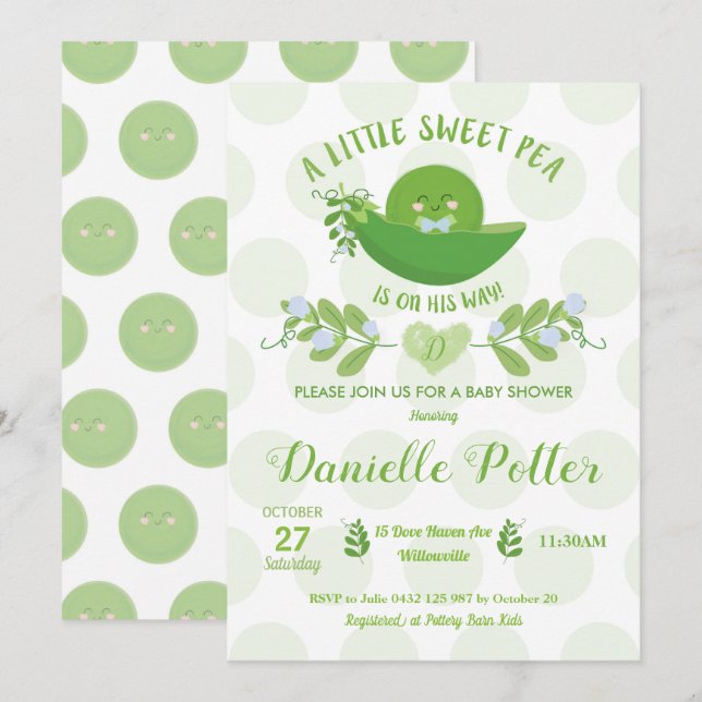 Pea in a Pod Baby Shower Invitations for Baby Boy (Front/Back)