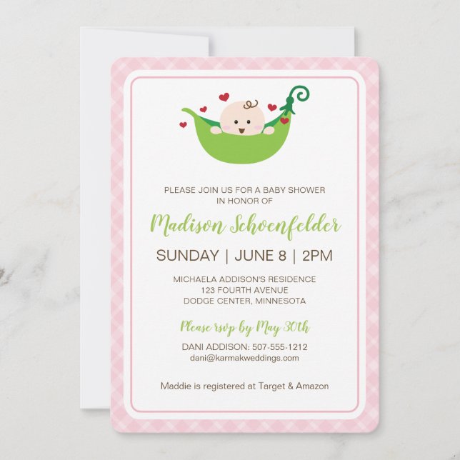 Pea in the Pod Baby Shower Invitation (Girl) (Front)