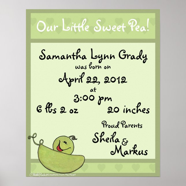 Pea Pod Baby Birth Information Poster (Front)