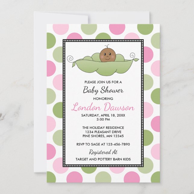 Pea Pod Girl Baby Shower Invitations │ Dark Skin (Front)