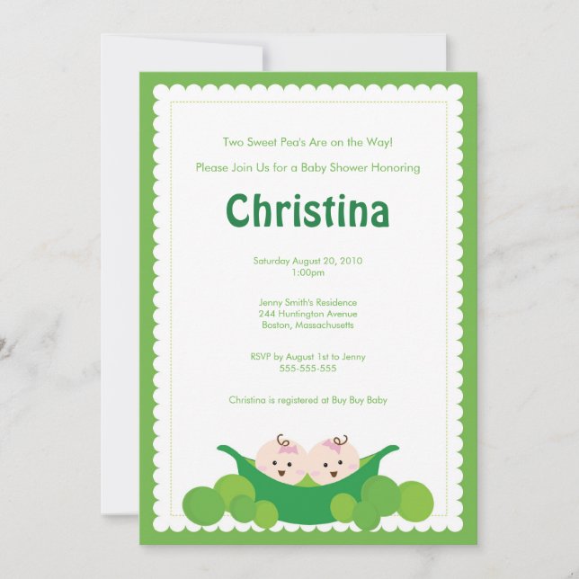 Pea Pod Twin Girls Baby Shower Invitation (Front)