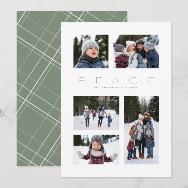 Peace 5 photo collage simple green Christmas Holiday Card (Front/Back)