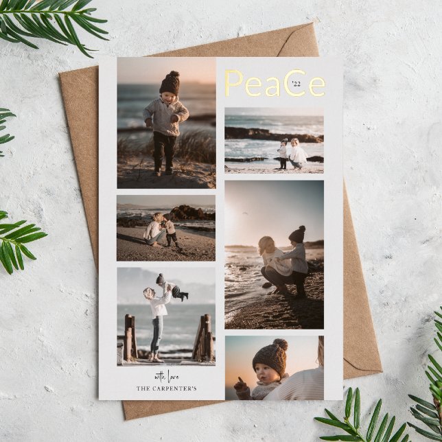 PeaCe 6 Photo Collage Christmas Gold Foil Holiday Card (Creator Uploaded)
