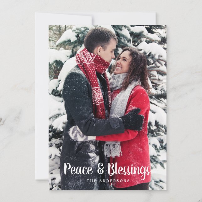 Peace and Blessings | Vertical Photo Christmas Holiday Card (Front)