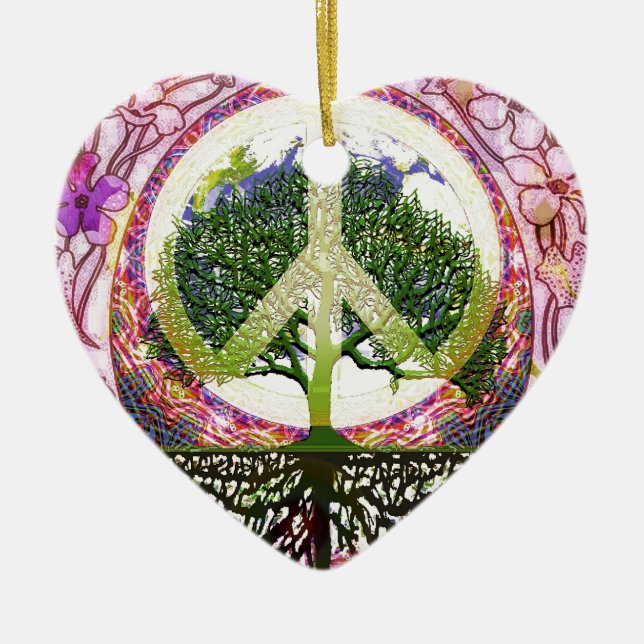Peace and Flowers Symbol Ceramic Tree Decoration (Front)