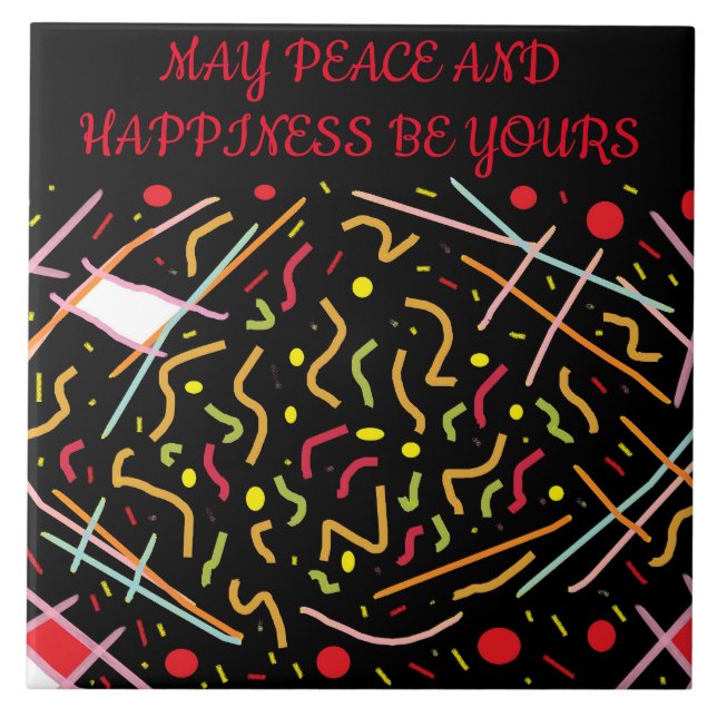Peace and happiness message black red white design tile (Front)