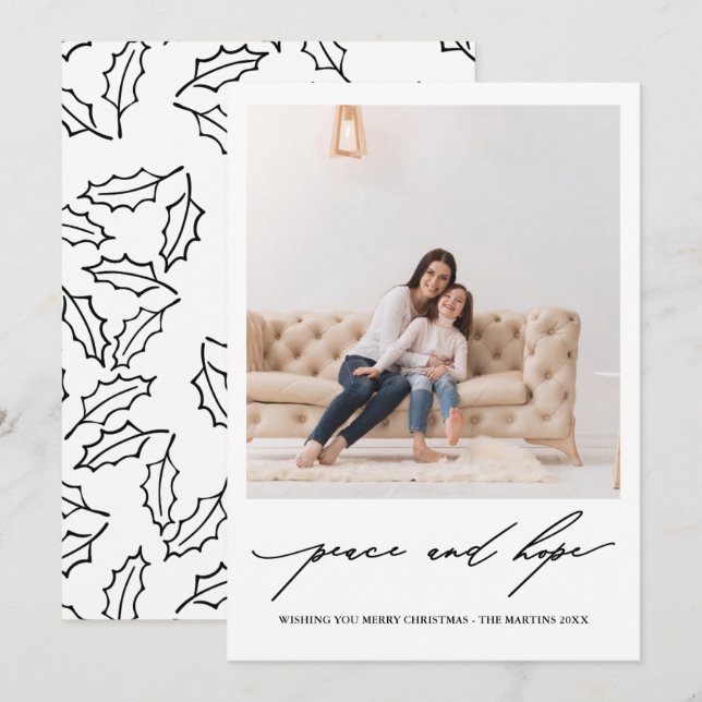 Peace and Hope Black and White Holly Print Holiday Invitation (Front/Back)