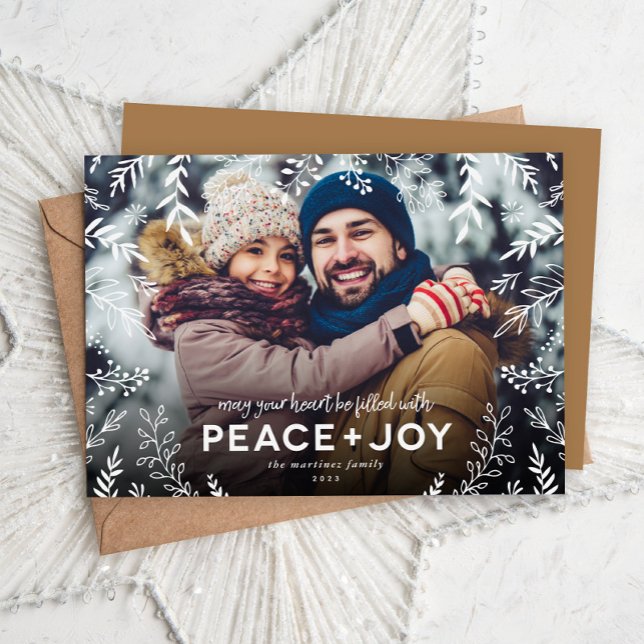 Peace and Joy Botanical Overlay Photo Holiday Card (Creator Uploaded)
