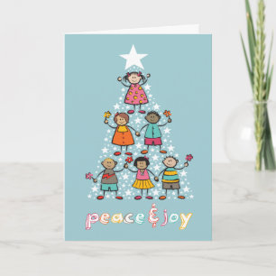Peace And Joy Colorful Cartoon Christmas Tree Kids Holiday Card