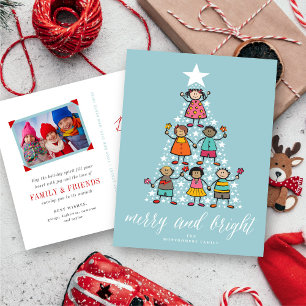 Peace And Joy Colorful Cartoon Christmas Tree Kids Holiday Postcard