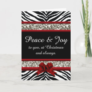 Peace and Joy Cute Zebra Red Bow Sparkle Christmas Holiday Card