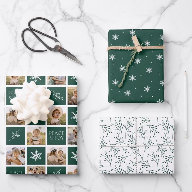 Peace and Joy Dark Green Holiday Photo Collage Wrapping Paper Sheet (Front)