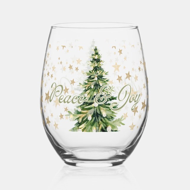 Peace And Joy Green Christmas Tree Stemless Wine Glass (Front)