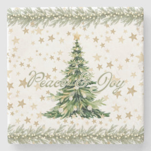 Peace And Joy Green Christmas Tree  Stone Coaster
