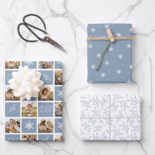 Peace and Joy Light Blue Holiday Photo Collage Wrapping Paper Sheet