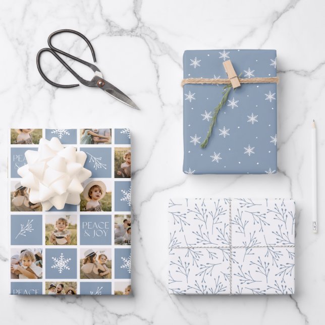 Peace and Joy Light Blue Holiday Photo Collage Wrapping Paper Sheet (Front)