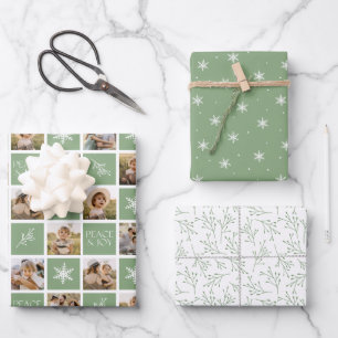Peace and Joy Light Green Holiday Photo Collage Wrapping Paper Sheet