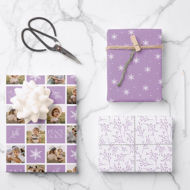 Peace and Joy Light Purple Holiday Photo Collage Wrapping Paper Sheet (Front)