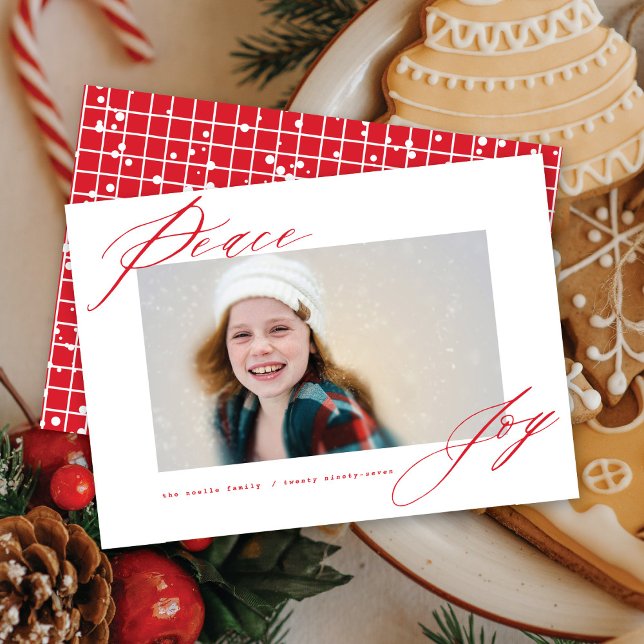 Peace And Joy Modern Calligraphy Red Script Photo Holiday Card (Creator Uploaded)