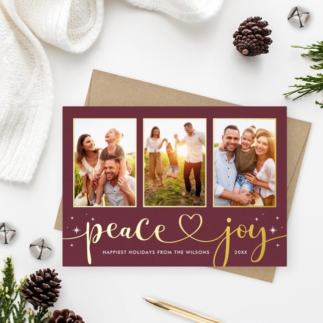 Peace and Joy Modern Gold Heart Script 3 Photo Foil Holiday Card (Creator Uploaded)
