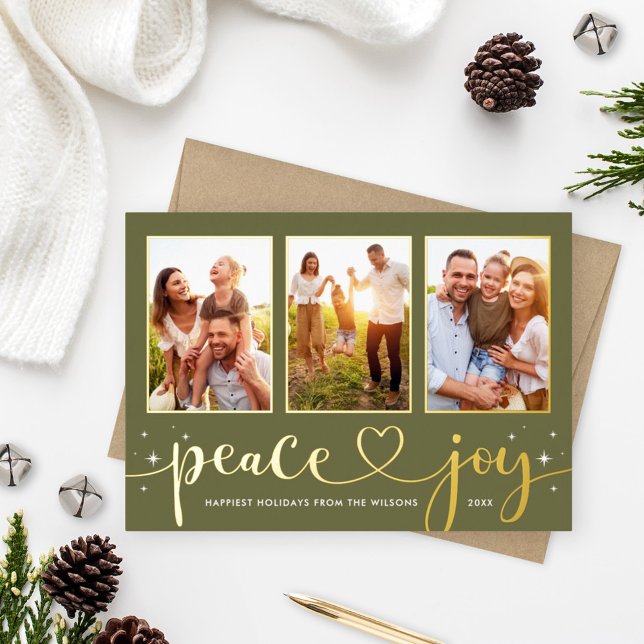 Peace and Joy Modern Gold Heart Script 3 Photo Foil Holiday Card (Creator Uploaded)