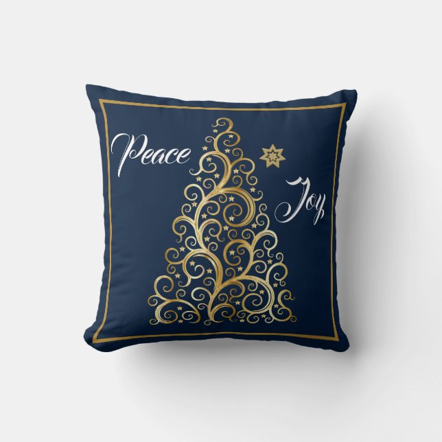 Peace and Joy Navy and Gold Christmas Cushion (Front)