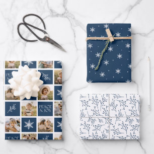 Peace and Joy Navy Holiday Photo Collage Wrapping Paper Sheet