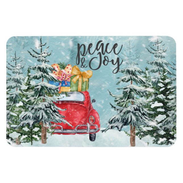 Peace and Joy Red Car in Winter Forest Holiday Magnet (Horizontal)