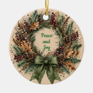 Peace and Joy Rustic Pinecone Wreath Christmas Ceramic Tree Decoration