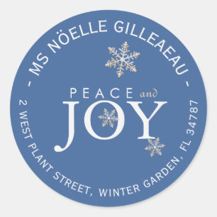 PEACE and JOY Snow-Covered Snowflakes Sky Blue  Classic Round Sticker