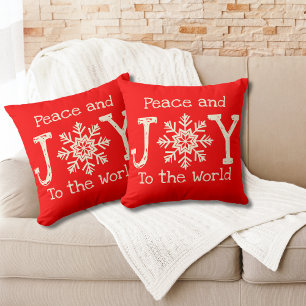 Peace and Joy To The World Snowflake Red White Cushion