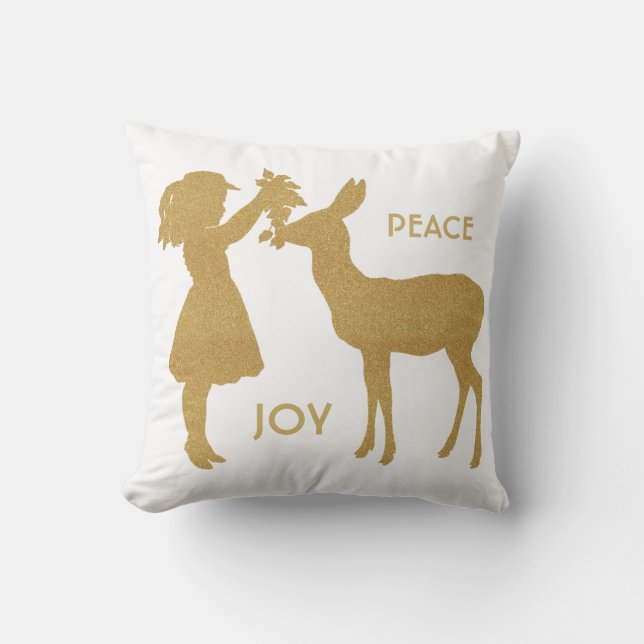 Peace and Joy Vintage Girl and Deer Pillow (Front)