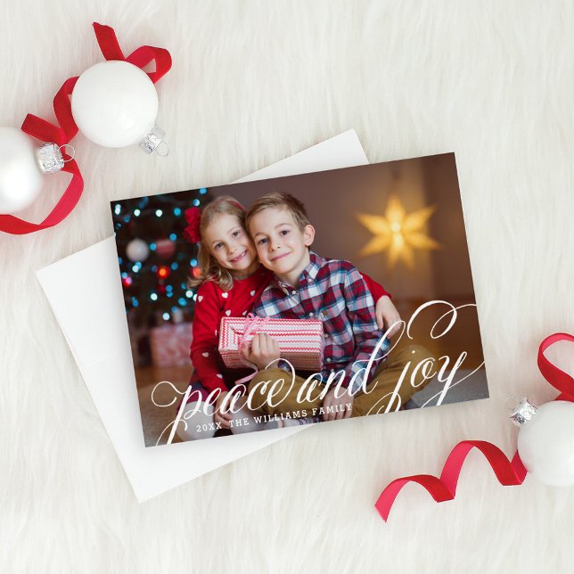 Peace and Joy White Handwritten Script Photo Holiday Card (Creator Uploaded)
