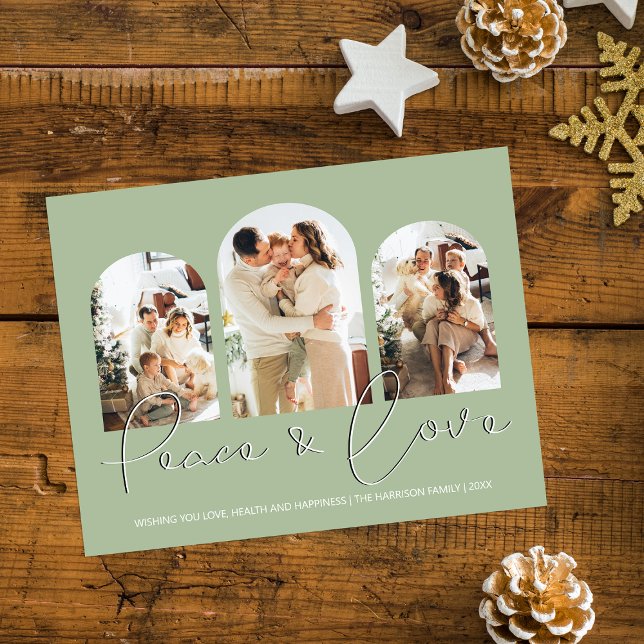 Peace And Love | 3 Arched Photo Collage Holiday Card (Creator Uploaded)