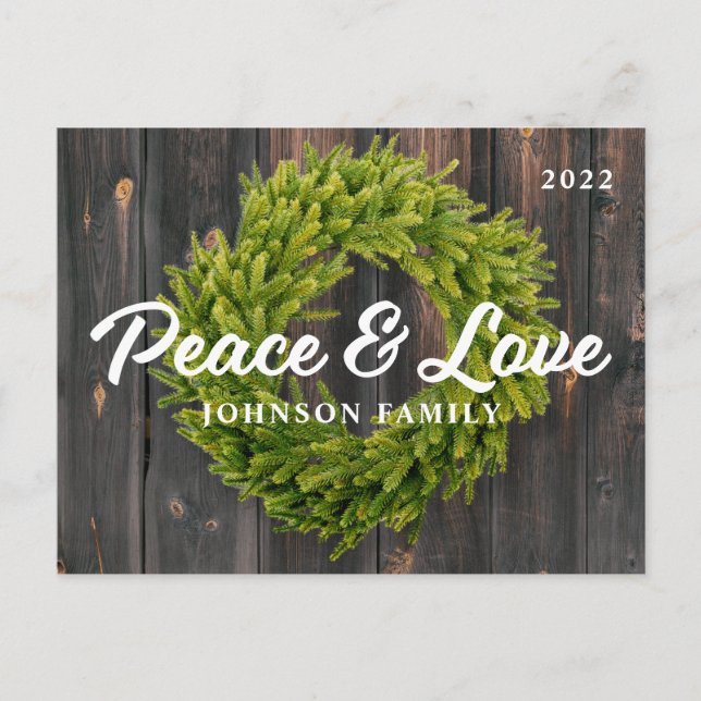 Peace and Love Country Rustic Pine Wreath Wood Holiday Postcard (Front)