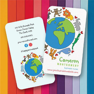 Peace And Love Cute Cartoon Animals of The World Business Card