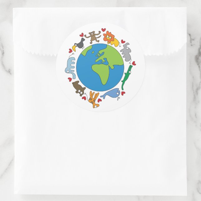 Peace And Love Cute Cartoon Animals of The World Classic Round Sticker (Bag)