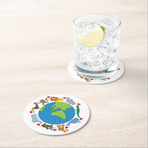 Peace And Love Cute Cartoon Animals of The World Round Paper Coaster