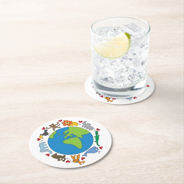 Peace And Love Cute Cartoon Animals of The World Round Paper Coaster (Insitu)
