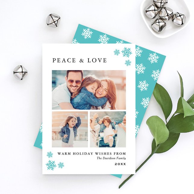 Peace and Love Elegant Teal Blue Photo Collage Holiday Card (Creator Uploaded)
